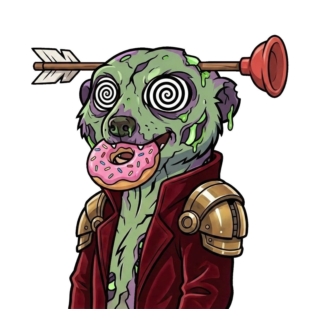 Green zombie meerkat with spiral eyes and a doughnut
