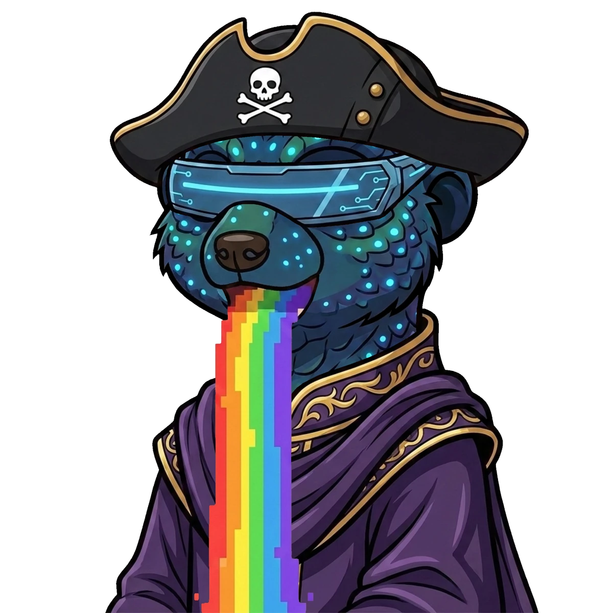 Blue glowing meerkat with a pirate hat, visor and rainbow tongue