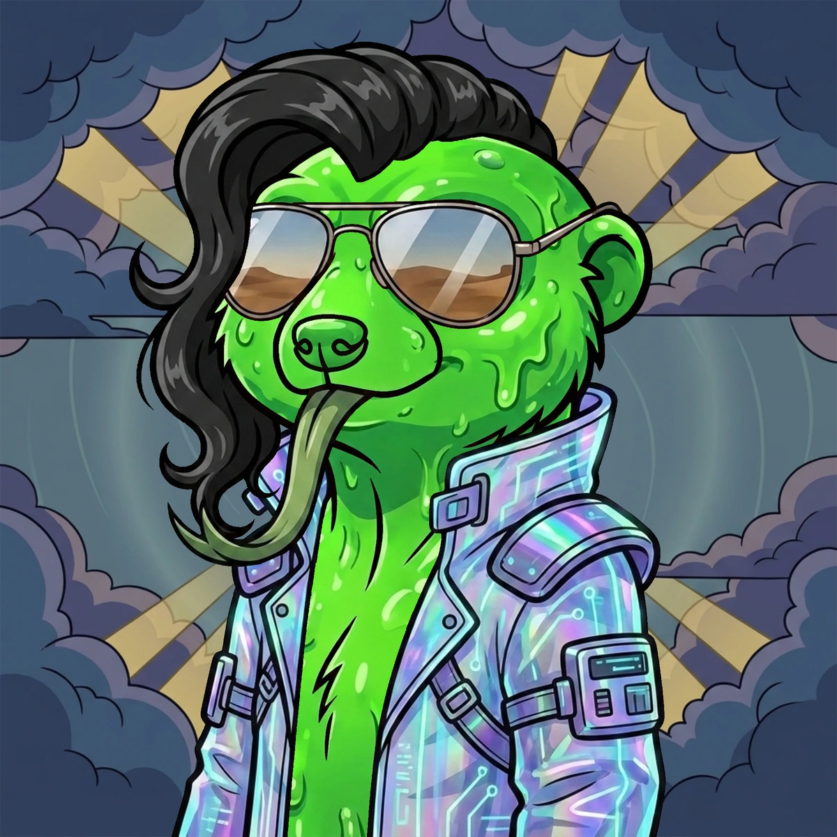 Green Meerkat with aviator glasses and a holographic coat, shown on the actual Photoshop canvas